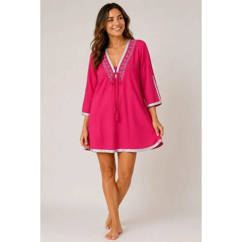 Tommy Bahama Pink Embroidered Cotton Tunic Cover Up Dress M